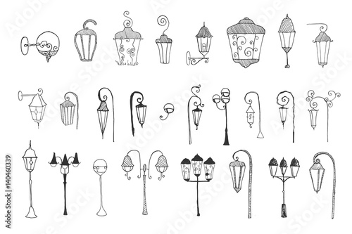 Hand drawn doodle city street lantern set. Ink vector illustration