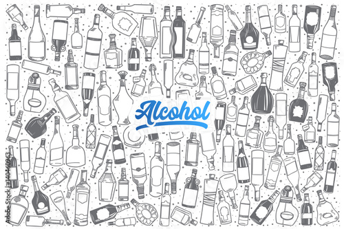 Hand drawn alcohol doodle set background with blue lettering in vector