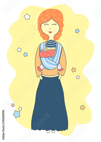 Mother holds baby in a sling scarf. Cute cartoon hand drawn background. Vector illustration