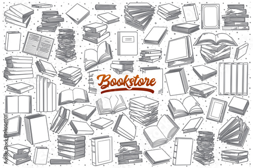 Hand drawn bookstore doodle set background with orange lettering in vector