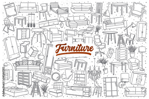 Hand drawn furniture doodle set background with red lettering in vector