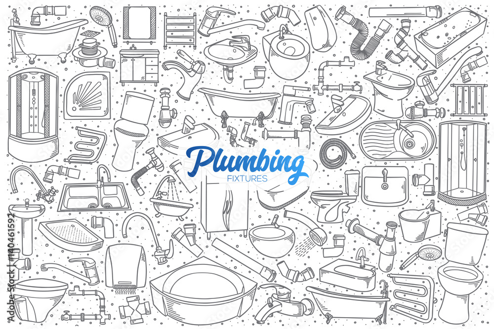 Hand drawn plumbing fixtures doodle set background with blue lettering in vector