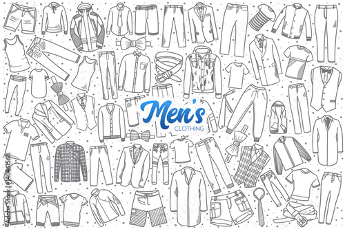 Hand drawn men's clothing doodle set background with blue lettering in vector