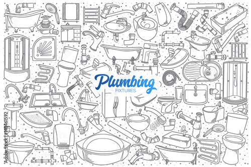 Hand drawn plumbing fixtures doodle set background with blue lettering in vector