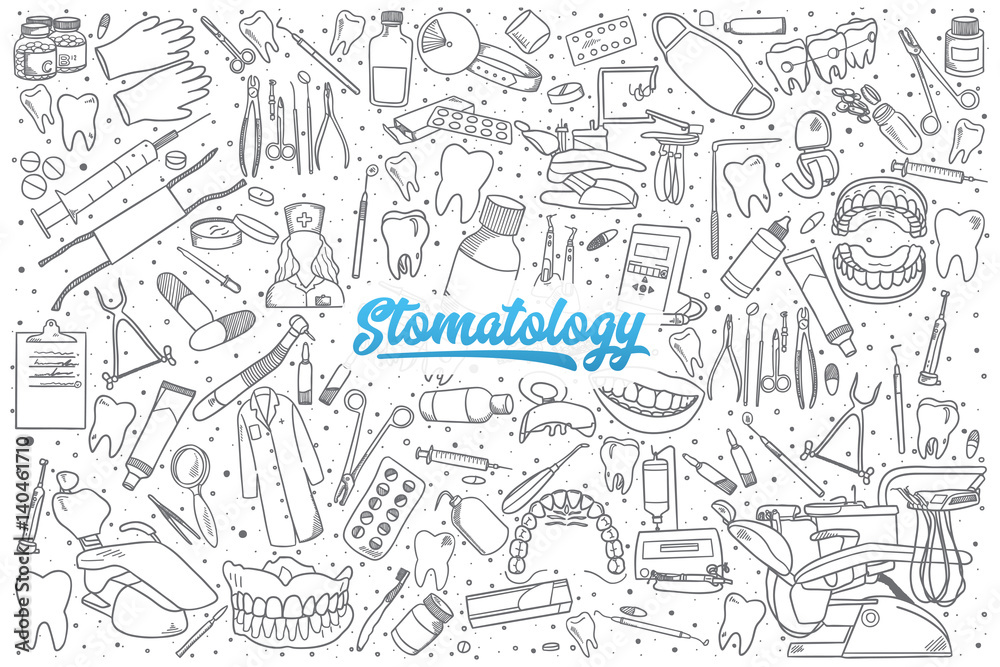 Hand drawn stomatology doodle set background with blue lettering in vector