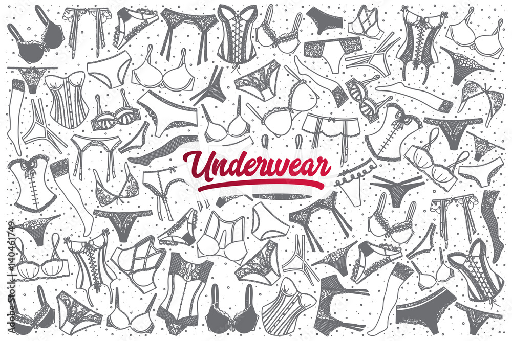 Hand drawn underware doodle set background with dark red lettering in vector