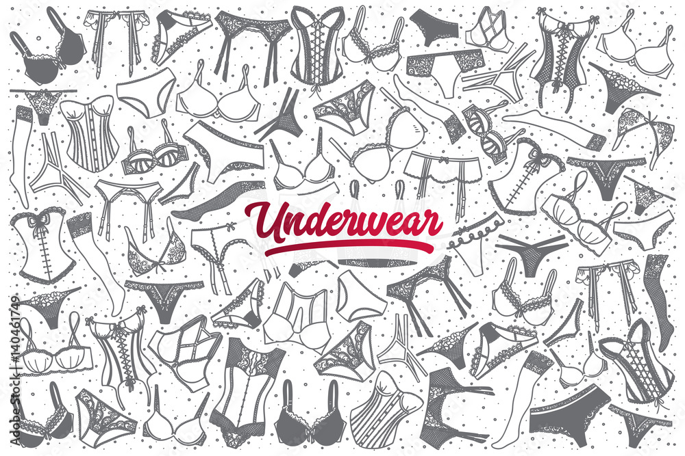 Fototapeta premium Hand drawn underware doodle set background with dark red lettering in vector