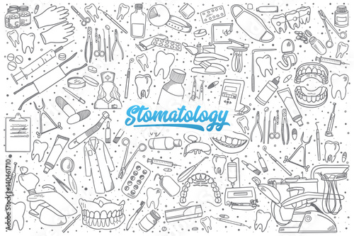 Hand drawn stomatology doodle set background with blue lettering in vector