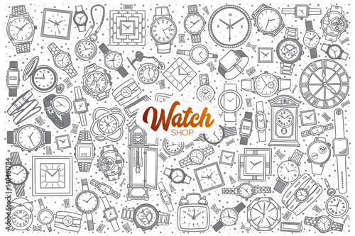 Hand drawn watch shop doodle set background with orange lettering in vector