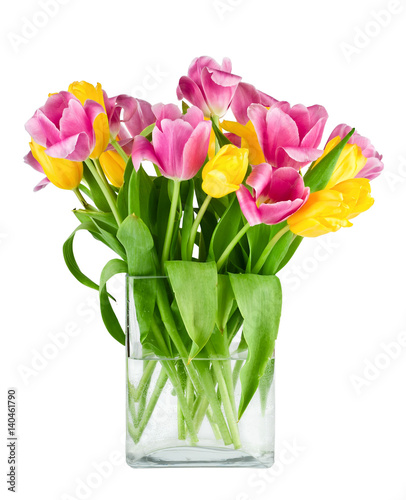 Bouquet of fresh tulips in vase isolated