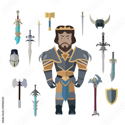 Fantasy Knight Character with Weapons Vector.