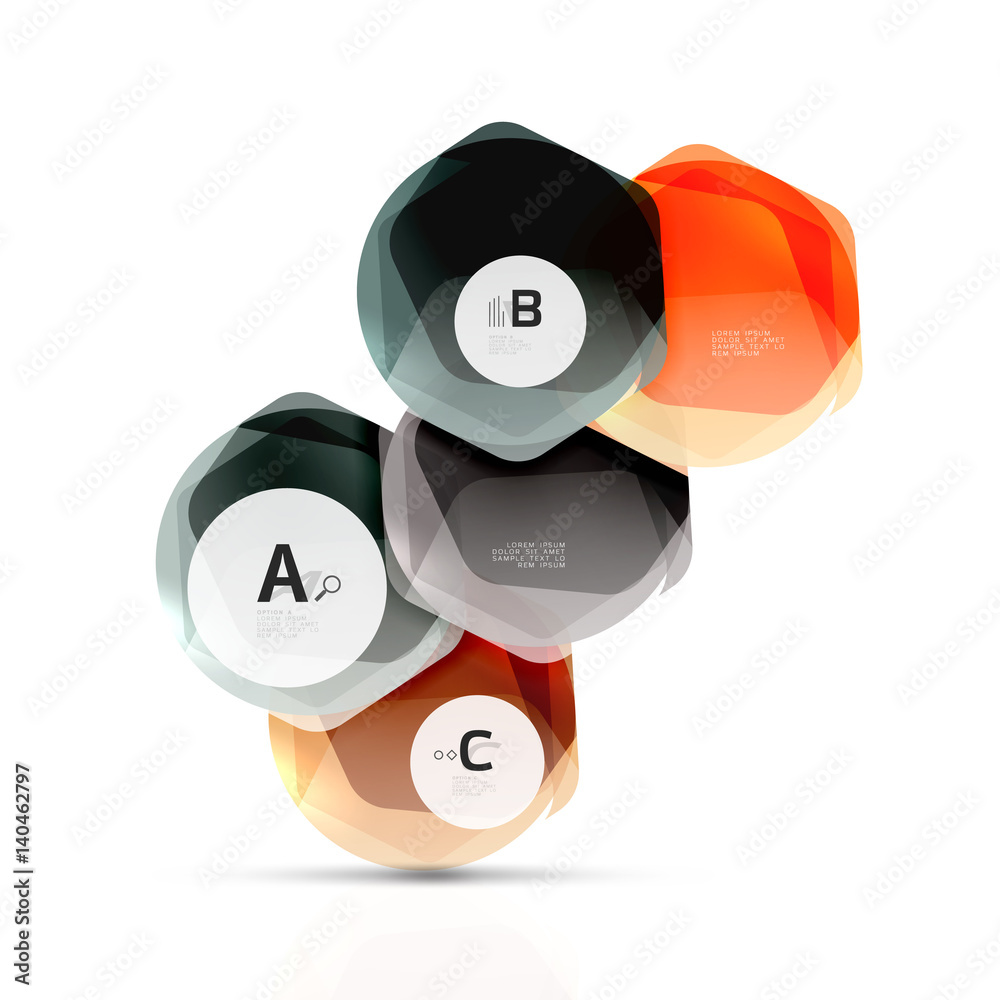 Glass color hexagons. Glossy plastic hexagon design with text