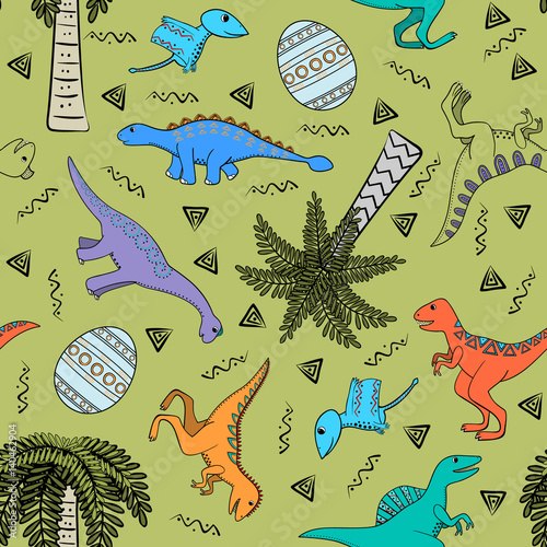 Children colorful background with stylized dinosaurs