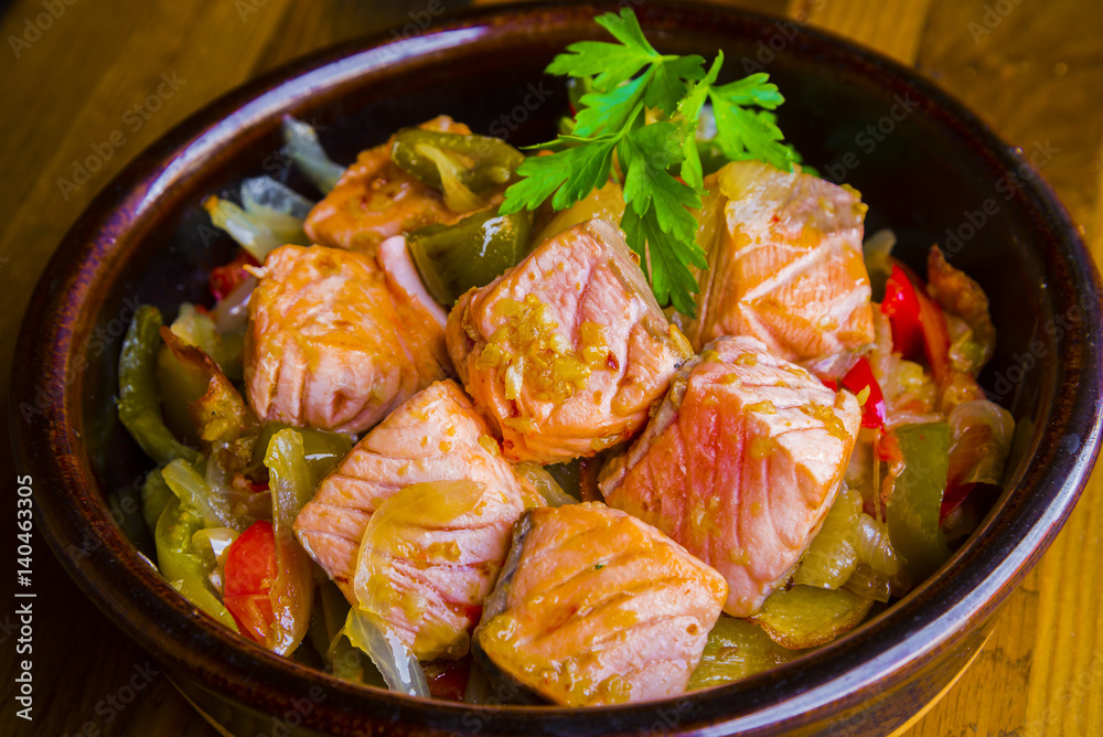 Delicious smoked salmon bits dish with vegetables Delicious smoked salmon bits dish with vegetables