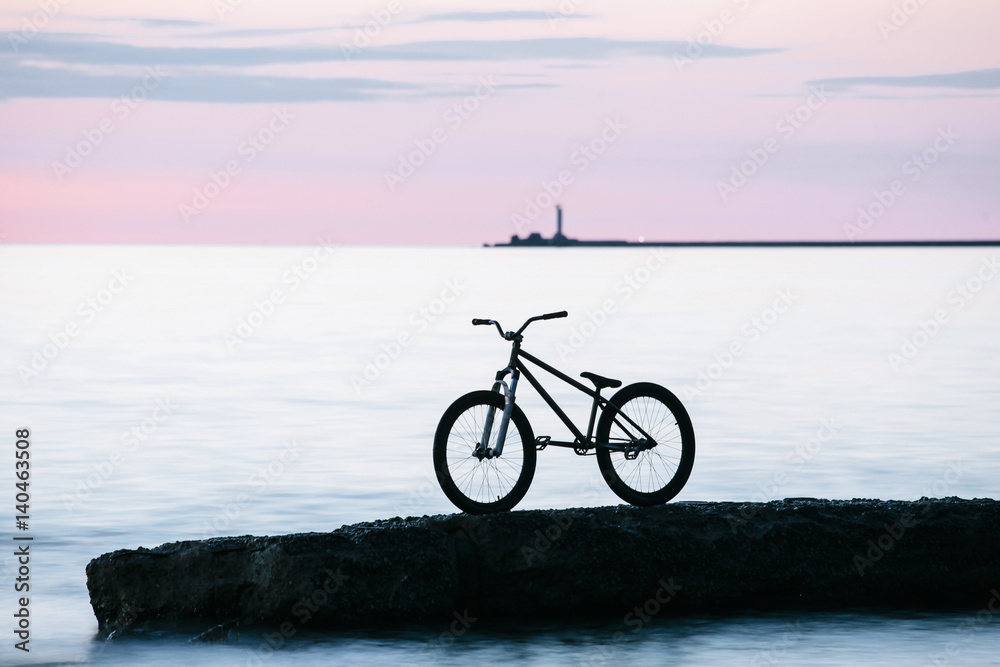 Fototapeta premium Long exposure shot of Freestyle mountain bike on a rock in the sea