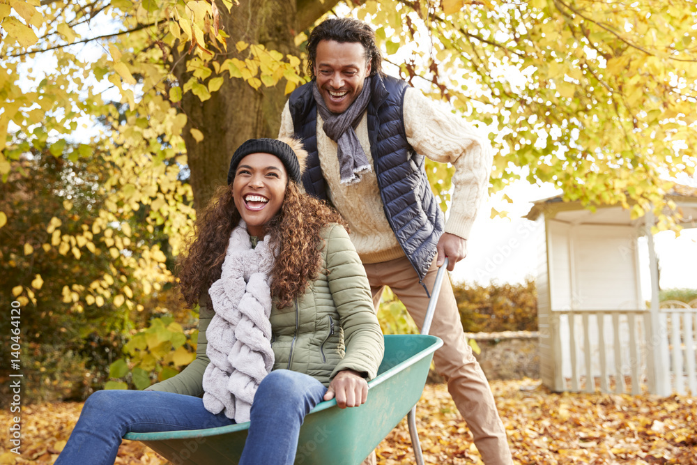Fototapeta premium Man In Autumn Garden Gives Woman Ride In Wheelbarrow