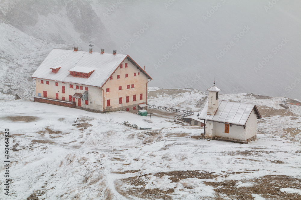Tre Cime di Lavaredo in beautiful surroundings in the Dolomites at foggy winter weather  (Drei Zinnen)