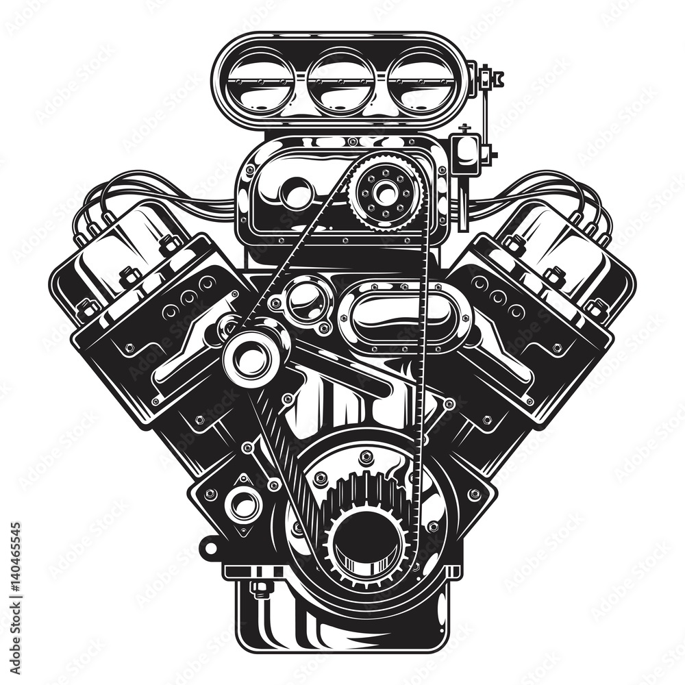 Isolated monochrome illustration of car engine on white background ...