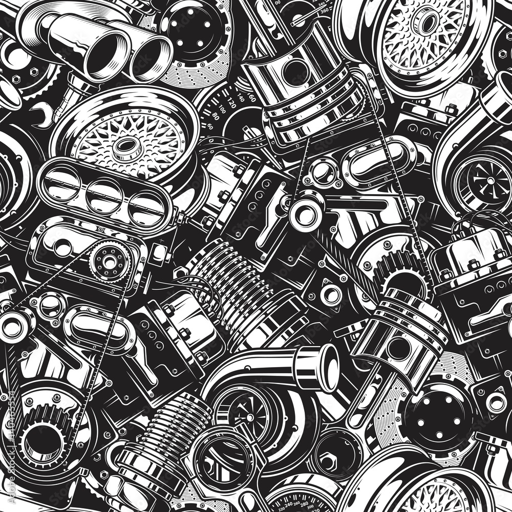 Obraz Automobile car parts seamless pattern with monochrome black and white elements background. fototapeta, plakat