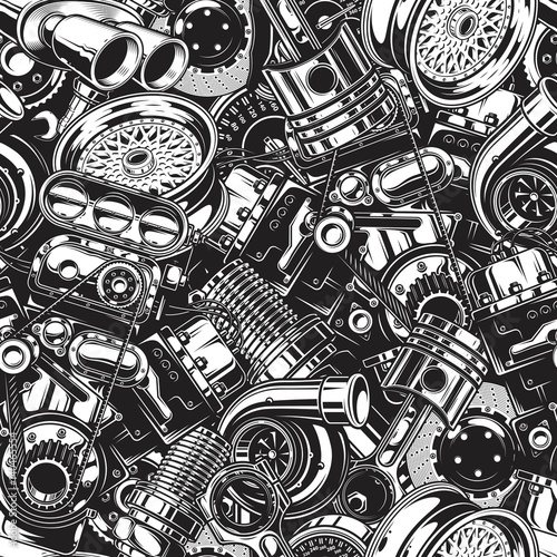 Automobile car parts seamless pattern with monochrome black and white elements background. photo