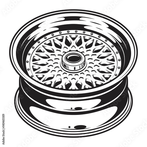 Isolated monochrome illustration of car wheel rim on white background photo