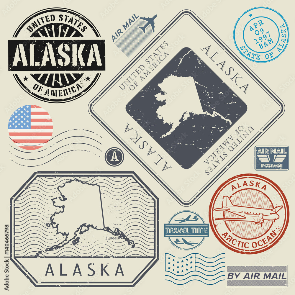 Retro vintage postage stamps set Alaska, United States