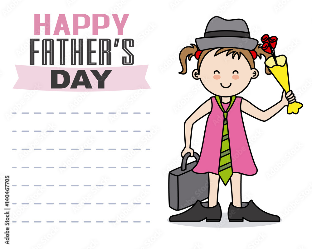 happy fathers day. Girl dressed in father's clothing and flowers in hand