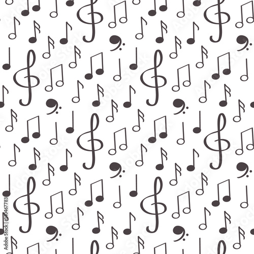 Seamless pattern with notes, treble clef, stave. Musical background.
