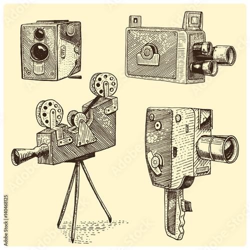 Photo movie or film camera vintage, engraved, hand drawn in sketch or wood cut style, old looking retro lens, isolated vector realistic illustration