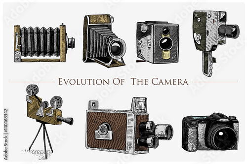 evolution of the photo, video, film, movie camera from first till now vintage, engraved hand drawn in sketch or wood cut style, old looking retro lens, isolated vector realistic illustration