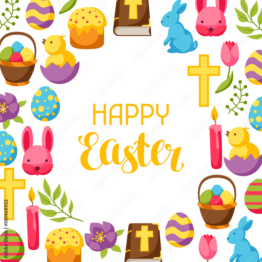 Happy Easter frame with decorative objects, eggs and bunnies Happy Easter frame with decorative objects, eggs and bunnies