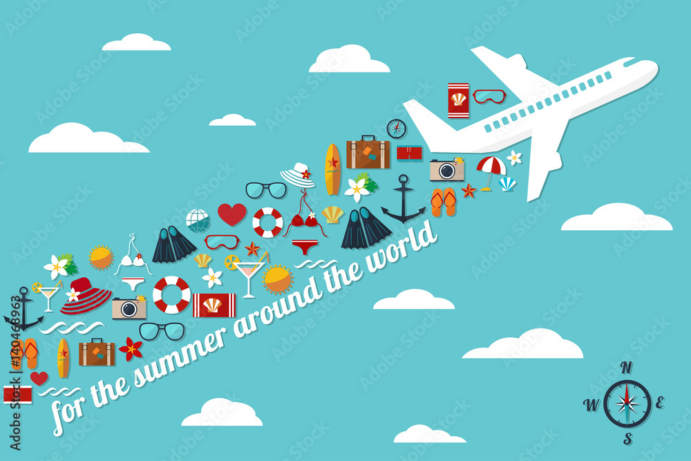 abstract illustration with airplane in the blue sky with fall summer things and slogan 