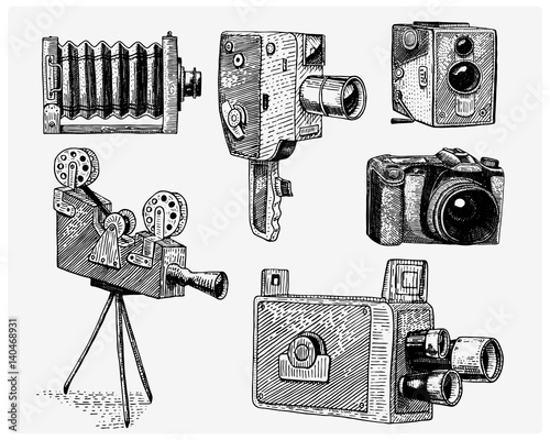 evolution of the photo, video, film, movie camera from first till now vintage, engraved hand drawn in sketch or wood cut style, old looking retro lens, isolated vector realistic illustration