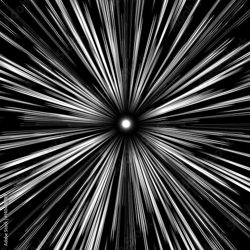 Warp speed abstract background. Stars blurred on a faster than light speed after warp drive activation. Stock vector illustration of superluminal hyperspace travel. Radial starburst background.