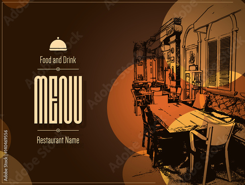 Restaurant menu design. Vector menu brochure template for cafe, coffee house, restaurant, bar. Food and drinks logotype symbol design. With a sketch pictures