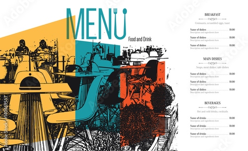 Restaurant menu design. Vector menu brochure template for cafe, coffee house, restaurant, bar. Food and drinks logotype symbol design. With a sketch pictures
