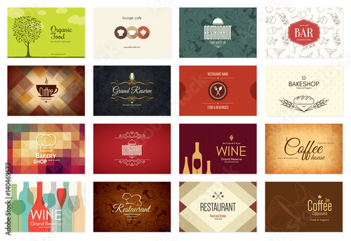 Business card big set. 16 bright visiting cards. Food and drink theme. For cafe, coffee house, restaurant, bar