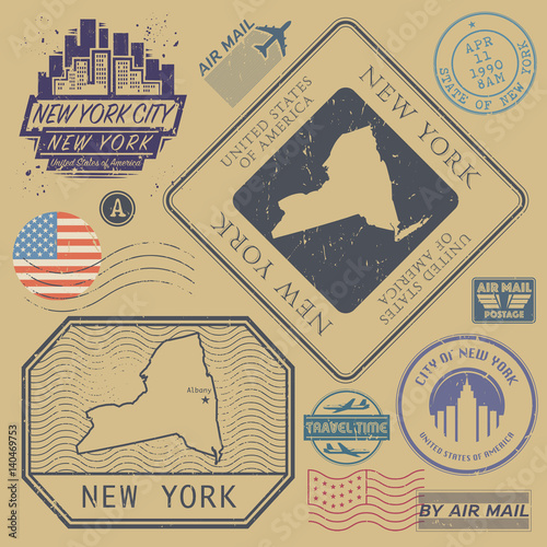 Retro vintage postage stamps set New York, United States