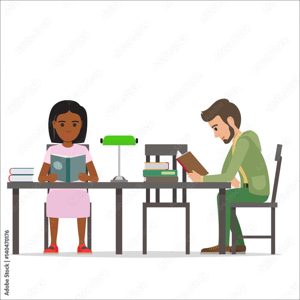 Female and Male People Sitting at Table Read Books