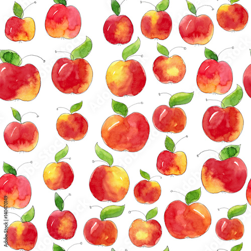 Fototapeta Naklejka Na Ścianę i Meble -  Watercolor hand drawn illustration sea,less pattern background doodle set of red apples with leaves isolated on white