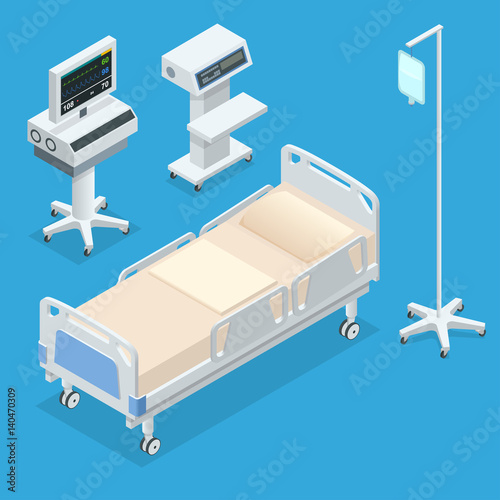 Flat 3D vector illustration Isometric interior of hospital room. Hospital room with beds and comfortable medical equipped in a modern hospital.