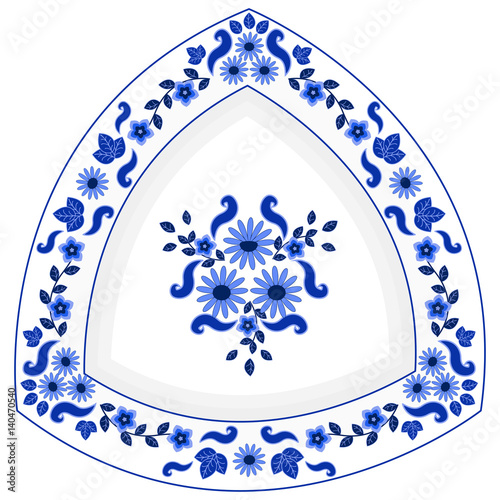 Decorative triangular porcelain plate ornate with traditional blue floral pattern