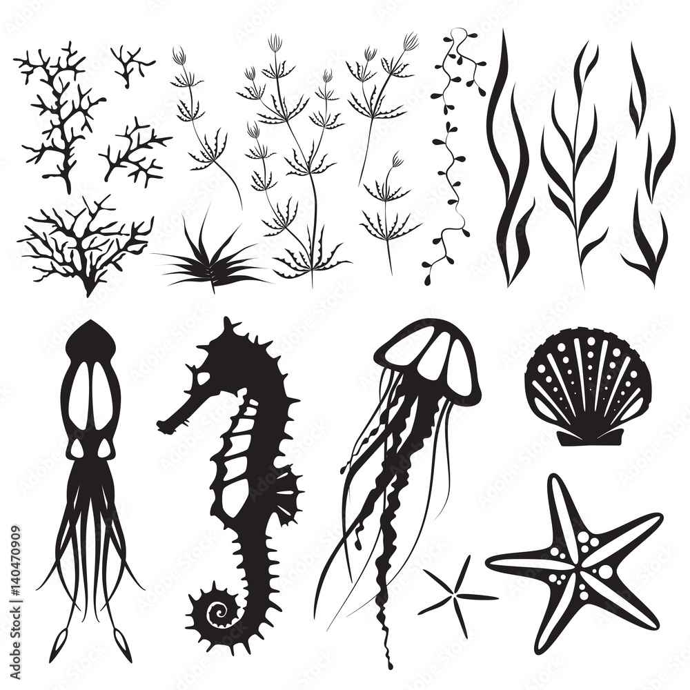Sea life and underwater sea bottom elements, animals: jellyfish, seahorse,  squid and plants. Black simple vector shapes, silhouette. The inhabitants  of the seabed. Stock Vector | Adobe Stock