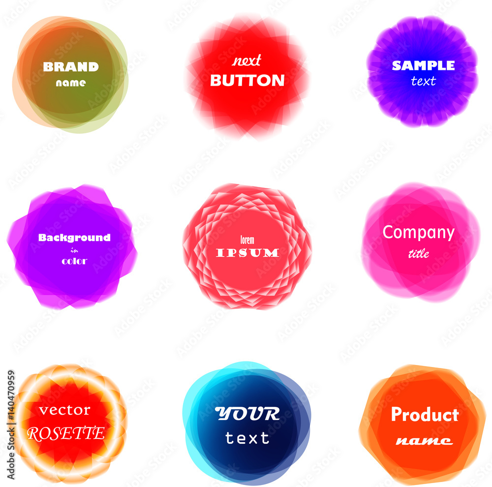Abstract set of vivid and colorful frames. Bright design elements, round shaped banners, circular labels, buttons, signs, badges. Stock illustration set of templates isolated on white background.