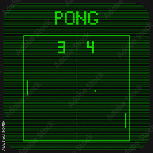 First ever computer game pong interface. Multiplayer gaming process as seen  on electronic tube retro television monitors. Board tennis computer game.  Retro, vintage, nerd classic game. Green screen. Stock ベクター | Adobe