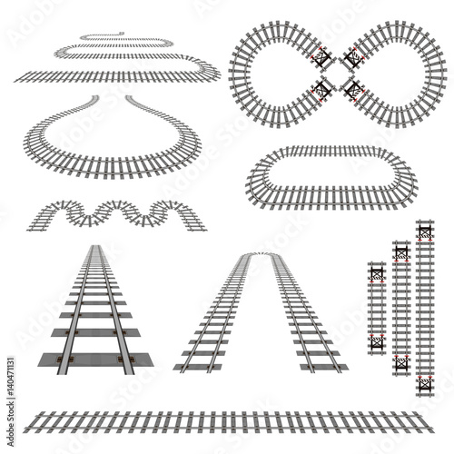 Set of new railroad curves, perspectives, turns, twists, circles and elements, vector illustration of rail transport path motives isolated on white. Simple modern railroad vector collection.