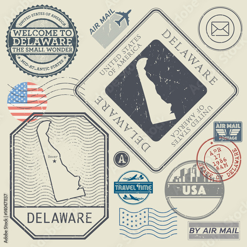 Retro vintage postage stamps set Delaware, United States
