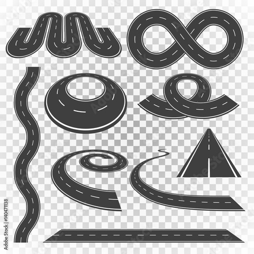 Set of asphalt road curves, perspectives, turns, twists, circles, elements, transport vector illustration of highway with white markings isolated on transparent background.