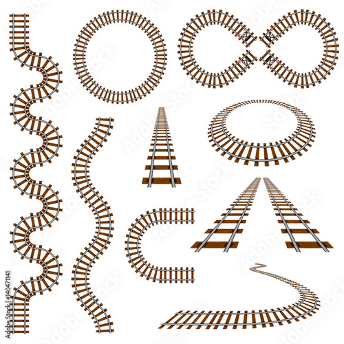 Set of old railroad curves, perspectives, turns, twists, circles and elements, vector illustration of rail transport path motives isolated on white. Simple vintage railroad vector collection.