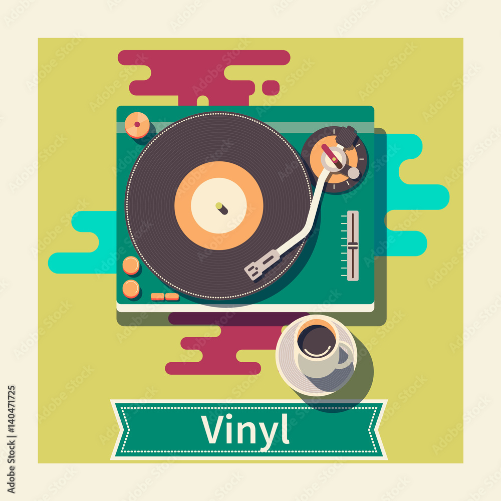 Obraz premium Retro vinyl turntable Cup of coffee on the table Flat vector illustration